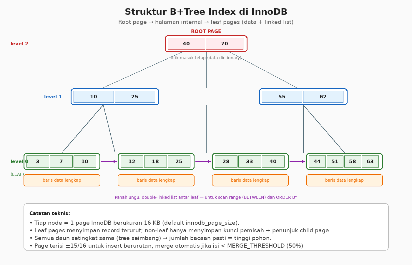 Diagram struktur B+Tree index InnoDB: root page, internal pages, leaf pages dengan double-linked list