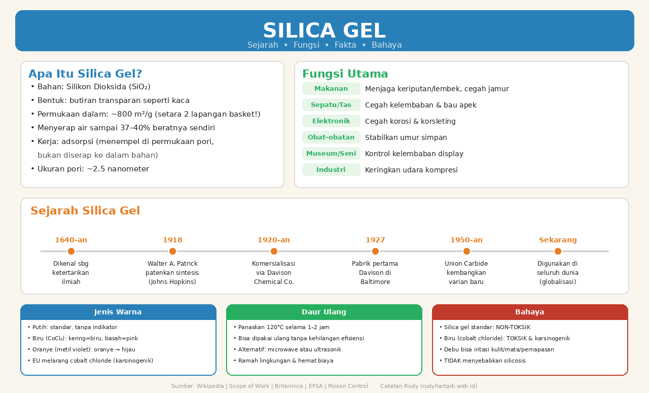 Infografis Silica Gel: Sejarah, Fungsi, Fakta, dan Bahaya