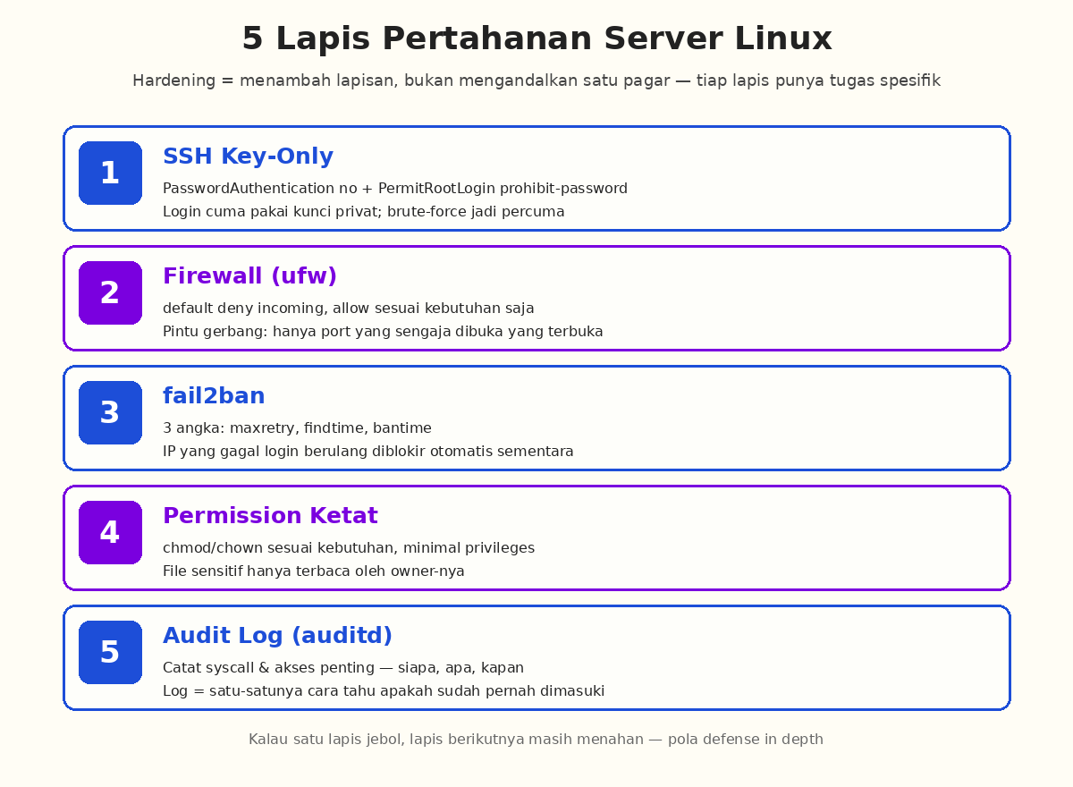 Infografis 5 lapis pertahanan server Linux: SSH key-only, firewall ufw, fail2ban, permission ketat, audit log