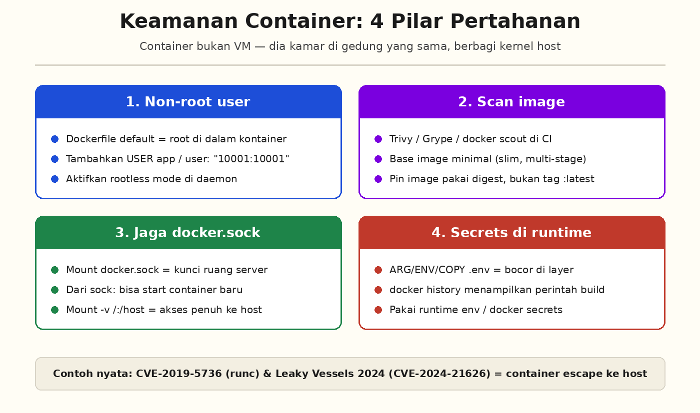 Infografis 4 pilar keamanan container: non-root user, scan image, jaga docker.sock, secrets di runtime