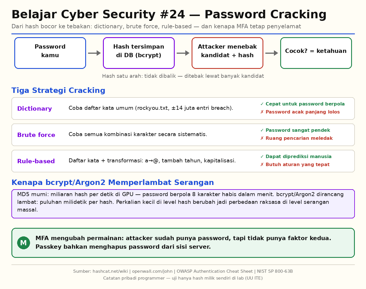 Infografis alur password cracking: dari password ke hash, tiga strategi dictionary/brute force/rule-based, bcrypt vs MD5, dan MFA